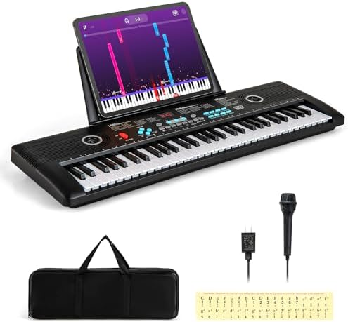 Costzon 61 Key Keyboard Piano, Electric Digital Piano Keyboard with Microphone, Music Stand, Keynote Stickers & Carrying Bag, Portable Keyboard Piano for Beginners Adults