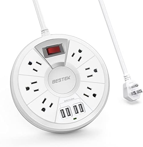 Travel Power Strip, BESTEK 6Ft Extension Cord with 4 USB Ports and 6-Outlet (13A 125V), Surge Protector Power Strip for Dorm Room, Bedside, Cruise Ship, 220J, White