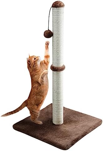 Dimaka 34" Tall Cat Scratching Post for Large Cats and Kittens, High Vertical Scratcher with Premium Natural Sisal Rope and Interactive Hanging Ball for Indoor Cats (Dark Brown, 34 inches)