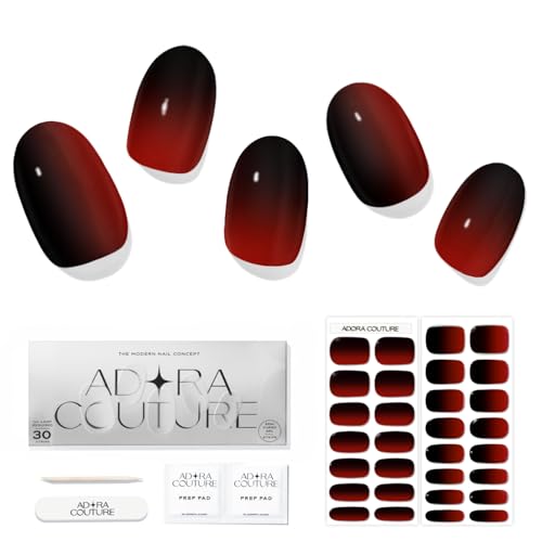 Semi Cured Gel Nail Strips with 30 Pieces, Salon Quality Nail Wraps for Women, Black Red Ombre UV Gel Nail Stickers| UV Light Required, Crimson Noir