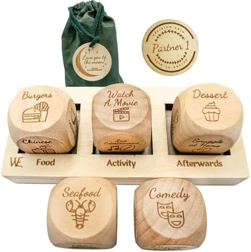 Deluxe Date Night Dice Game - Valentines Day Fun Romantic Couples Gift - 5 Dice, Decision Coin, Board & Carry Bag for Bachelorette, Anniversary, Wedding, Bridal Shower - Girlfriend Wife Husband Him