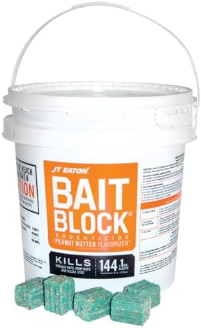 JT Eaton 709-PN Bait Block Anticoagulant Rodenticide, Peanut Butter Flavor, for Mice and Rats (9 lb Pail of 144)