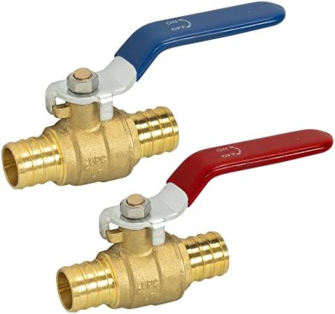 Hourleey 2 Pieces 3/4 Inch Pex Brass Full Port Shut Off Ball Valve Hot and Cold, Quarter Turn HOT (RED) COLD (BLUE) of Brass Water Stop Shut Off, 1 Piece Each