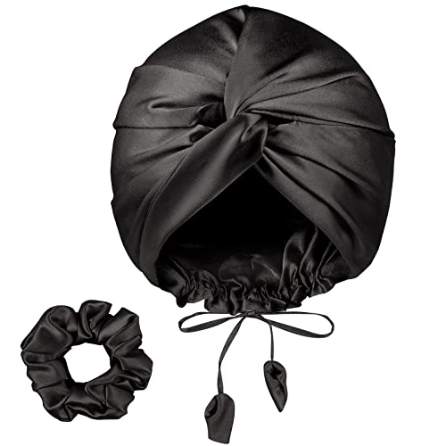 PARISBELLA Reversible Silky Satin Bonnet for Sleeping, Smooth As Silk Hair Wrap for Sleeping, Adjustable Satin Sleep Cap for Women, Stylish Turban for Curly Hair, Black, Pack of 1