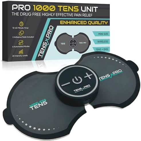 Pro 1000 Wireless Tens Unit for Pain Relief - Mini Tens Massager Portable Electric Muscle Stimulator - Deep Tissue EMS Pain Management Device - Pulse Therapy for Back Shoulder Neck Leg Arm (2 Pads)