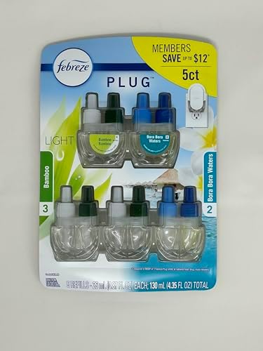 Febreze Plug-in Refills (5pack); Bamboo (3ct.) and Bora Bora Waters (2ct.), Febreze plugs, 5ct Scented Oils, Pet Friendly Scent, Febreze Air Freshener, Blue; White; Green