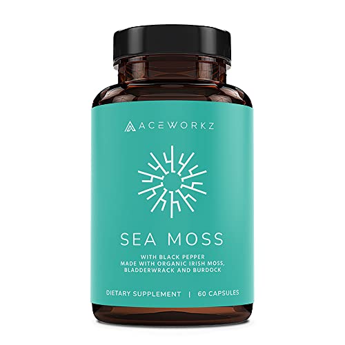 ACEWORKZ USDA Certified Organic Irish Sea Moss Capsules, Burdock Root & Bladderwrack with BioPerine® - Prebiotic Super Food - Thyroid and Gut Health - Healthy Skin & Anti-Aging (60 Capsules)