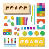 LOVEVERY | The Block Set | Solid Wood Building Blocks and Shapes + Wooden Storage Box, 70 Pieces, 18 Colors, 20+ Activities, Toddler Block Set and Converts into a Pull Car, Ages 18 to 48+ months