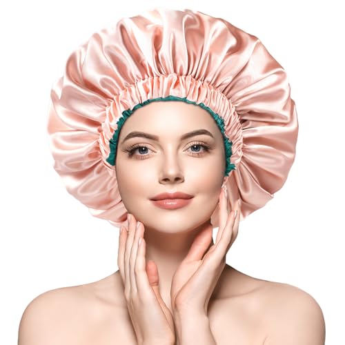 mikimini Satin Bonnet Silk Bonnet for Women Curly Hair, Reversible Double-Layer Sleeping Hair Bonnet Extra Large Stretchy Sleep Hair Cap (Green+Pink)