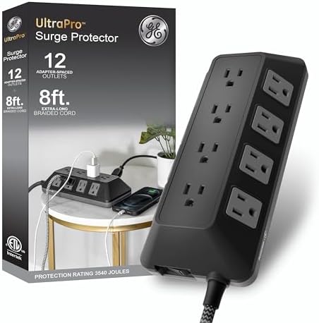 GE UltraPro 12-Outlet Surge Protector, 8 Ft Braided Extension Cord, Multi Plug Outlet Extender, Adapter Spaced, Flat Plug, for Home, Office, Dorm, 3540 Joules, Black, 81784