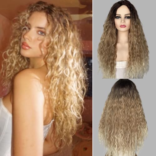 Fencca Layered Ombre Blonde Long Curly Wigs for Women 24 inch Middle Part Synthetic Wavy Wig with Dark roots Natural Looking Daily Party Wig