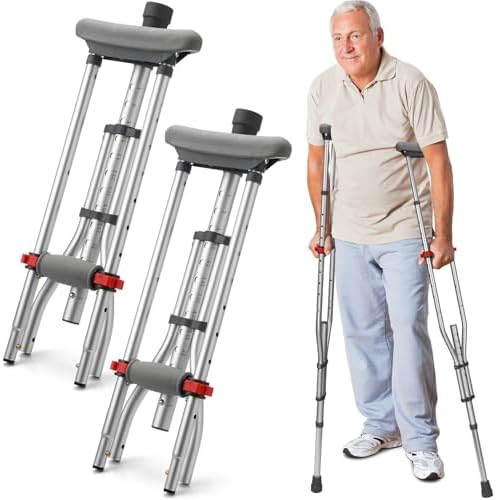 Geiserailie 1 Pair Aluminum Underarm Crutches Lightweight Crutches with Height Adjustment up to 300 Lbs Walking Aid for Adults Elder Range 4'6”– 6'6” with Underarm Pad and Hand Grip