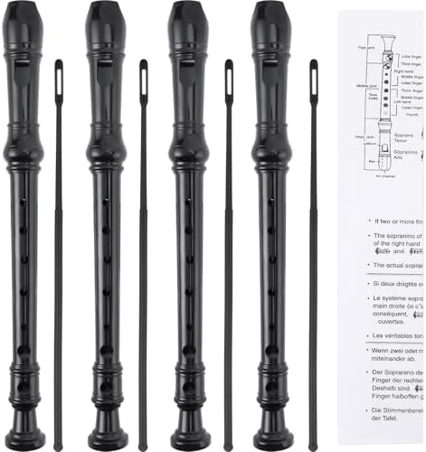 SANNIX 4 Pack Recorder Instrument, 8 Hole German Style Soprano Recorder for Beginner, Recorder With Cleaning Rod, School Student Music Instrument (Black)