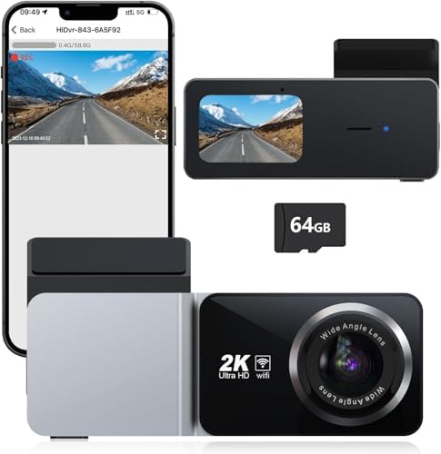 Front Dash Cam, Udatuhao 2K HD Dashcam, Mini Front Car Camera with WiFi, WDR, G-Sensor, 24H Parking, Loop Recording, Free 64GB Card