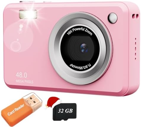 Digital Camera, FHD Camera with 32GB Card, Lanyard, 16X Zoom Anti Shake, 48MP Compact Portable Small Point Shoot Camera Gift for Student Children Teen