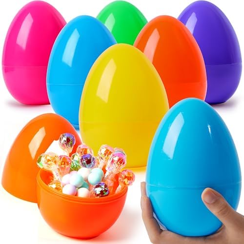 JOYIN 6 Pcs Jumbo Plastic Easter Eggs, 6 Inches Colorful Giant Eggs Fillable for Easter Themed Hunt Basket Stuffers Fillers Filling Treats Party Favor Classroom Prize Supplies
