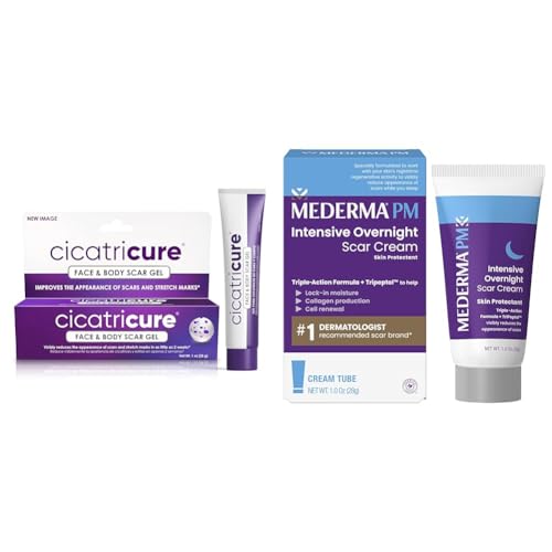 Cicatricure Advanced Scar Gel & Mederma PM Overnight Scar Cream Bundle - Scar Treatment for Face, Body, Old, New, Surgery, Injuries, Burns, Acne Scars - 1 oz Each