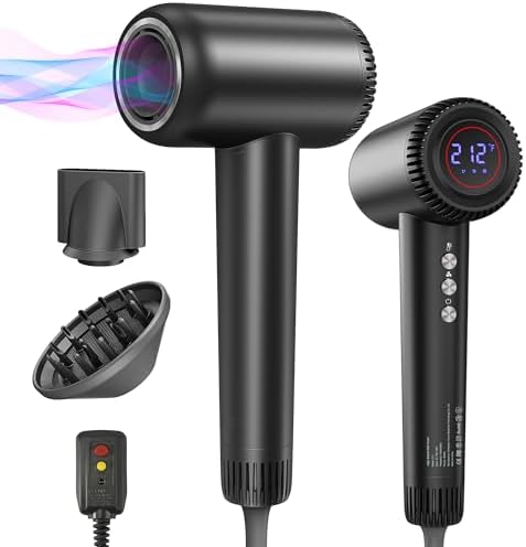 Hair Dryer, 180000 RPM High-Speed Blow Dryer, 1600W Low Noise Brushless Motor, Negative Lonic Professional Care Hair Dryer, 4 Thermo-Control with Magnetic Diffuser and Nozzle for Travel, Salon(Black)