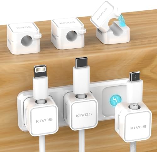 KIVOS Magnetic Cable Clips, Cord Organizer, Wire Holder Keeper for Desk, Car, Wall, 6 Pack USB-C Charger Cable for iPhone, iPad (White)