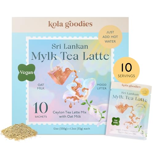 Kola Goodies - Oat Milk Tea Latte - Vegan - Mood Lifter w/Low Caffeine - Made with Loose Leaf Ceylon Tea, Oat Milk Powder, Monk Fruit Sweetener & Raw Coconut Sugar - Ready in 3 Minutes - 10 Sachets