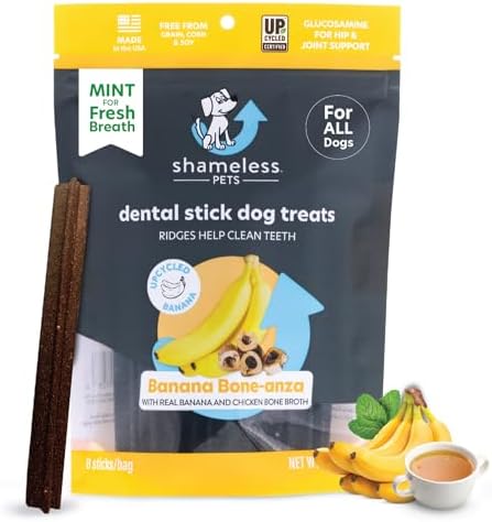 Shameless Pets Dental Treats for Dogs, Banana Bone-Anza - Healthy Dental Sticks with Hip & Joint Support for Teeth Cleaning & Fresh Breath - Dog Bones Dental Chews Free from Grain, Corn & Soy