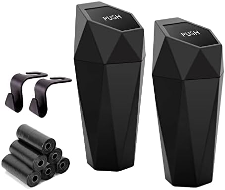Ginsco Car Cup Holder Trash Can, Leakproof Mini Trash with Lid and 90 Bags, 2 Pack for Car and Home with 2 ABS Hooks, Black