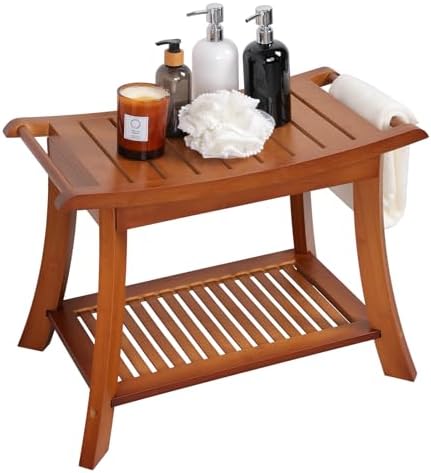 VVW Bamboo Shower Bench & Stool with Storage Shelf, Bath Benches for Inside Shower, Bathroom Stools 2-Tier Spa Seat for Adults Elderly (Walnut)