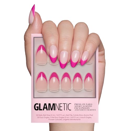 Glamnetic Press On Nails - Raspberry Sorbet | Semi-Transparent Magenta Dark Pink French Tip Short Almond False Nails, Reusable Stick On Fake Nails with Glue | Salon Quality | 15 Sizes - 30 Nail Kit