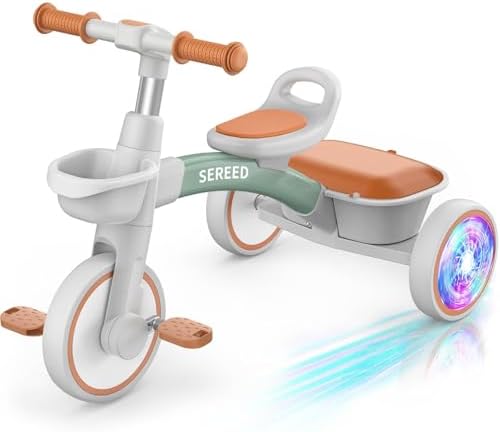 SEREED Colorful Lighting Toddler Tricycle for 2-5 Years Old Boys Girls, Adjustable Seat&Handlebar Trike, Removable Basket, Birthday Gift Idea for Kids Ages 2+ (Green)