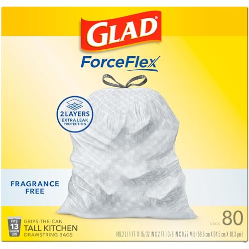 Glad Trash Bags, ForceFlex Tall Kitchen Drawstring Garbage Bags, 13 Gal, Fragrance Free, 80 Ct, Package May Vary