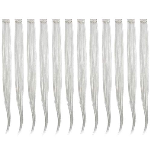 SWACC 12 Pcs Straight One Color Party Highlights Clip on in Hair Extensions Colored Hair Streak Synthetic Hairpieces (Sliver Gray)
