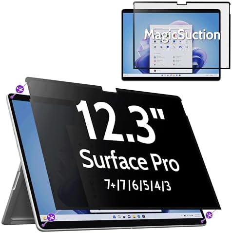 Privacy Screen for 12.3 Inch Surface Pro 7+/7/6/5/4/3, MagicSuction™ Removable Anti Spy Black Protector, Glare Blue Light Filter for Microsoft Laptop Computer Monitor