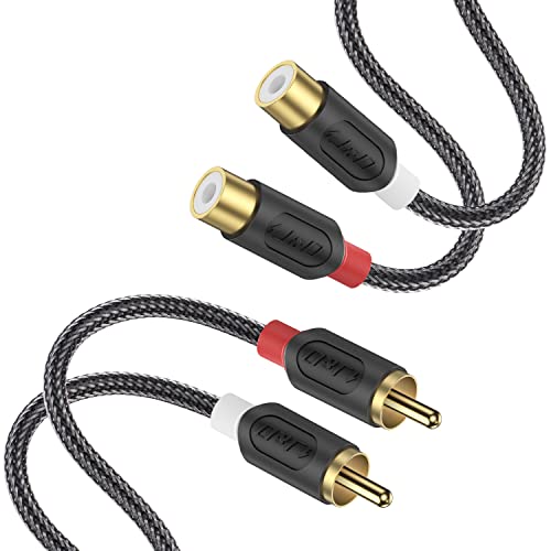 J&D 2 RCA Extension Cable, RCA Cable Gold Plated Audiowave Series 2 RCA Male to 2 RCA Female Stereo Audio Cable with PVC Shelled Housing and Nylon Braid, 15 Feet
