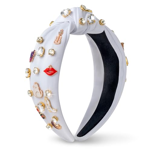 PANTIDE Music Jeweled Knotted Headband - Singer Fans Gift Guitar Red Lip Rhinestone Crystal Embellished Headband Wide Top Knot Fashion Hairband Birthday Back To School Gift for Women Girls (White)