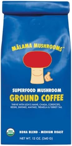 Organic Ground Mushroom Coffee by Malama | 8-Mushroom Superfood Blend with Lion’s Mane, Reishi, Cordyceps for Focus & Immune Support | Low Acid, Smooth Bold Flavor, Adaptogenic Energy | 12oz Bag