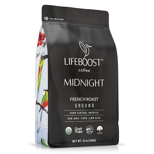 LIFEBOOST Midnight Coffee French Roast Coffee Ground - Single Origin USDA Organic Low Acid Coffee French Roast - Non-GMO Ground Coffee - Third Party Tested For Mycotoxins & Pesticides - 12 Ounces