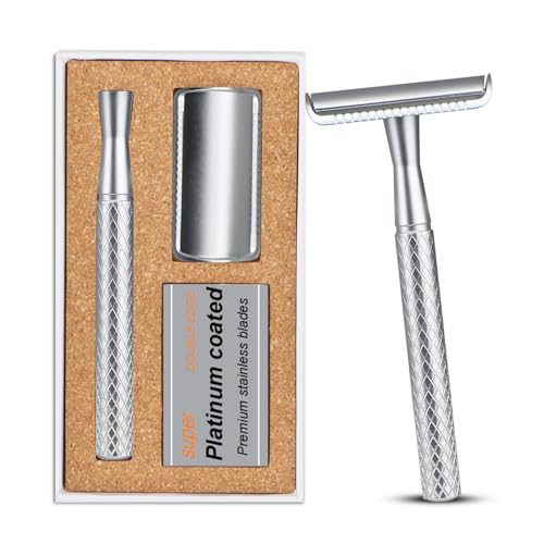 Single Blade Razors for Men, Safety Razor for Men, 1 Blade Razors for Men, Double Edge Safety Razor with 5 Safety Razor Blades, Reusable Metal Razors for Men, Double Edge Razor, Matte Silver