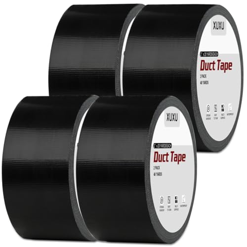 XUXU 4 Pcs Duct Tape Heavy Duty Waterproof Black Duct Tape, Strong Adhesive Duct Tape Bulk for Indoor Outdoor Repairs Tear by Hand, 80 Yards x 2 Inch Total