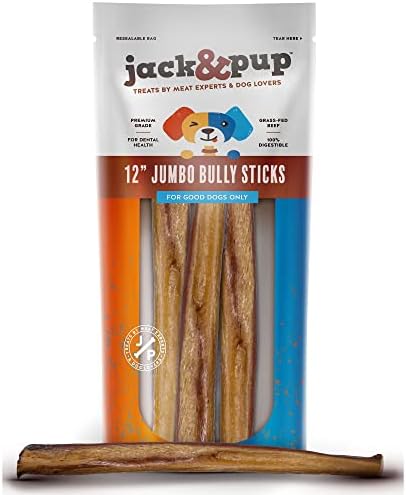 Jack&Pup 12 Inch Bully Sticks for Large Dogs | Jumbo Odor Free Bully Sticks Long Lasting | All Natural, 100% Beef Sticks (Jumbo, 5 Pack)