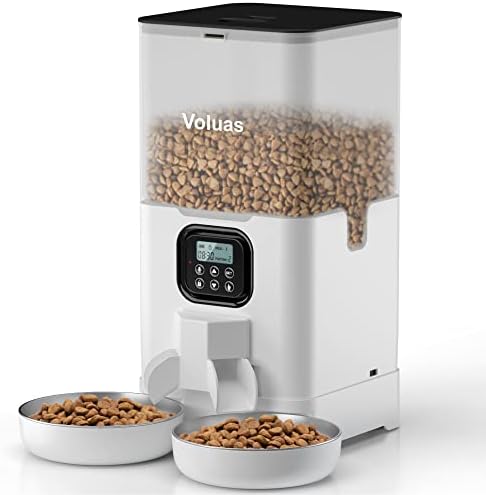 Voluas Automatic Cat Feeder for Two Cats, Double Pet Feeder with 2 Stainless Steel Bowls,6L Timed Cat Feeders with Memory Function