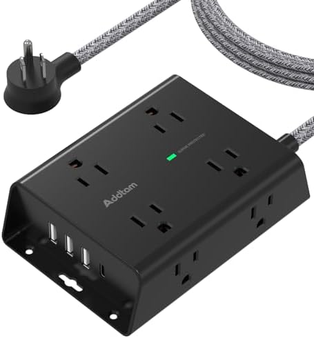 Surge Protector Power Strip, 8 Widely Outlets with 4 USB Ports(1 USB C Outlet), Addtam 3-Side Outlet Extender Strip with 5Ft Extension Cord, Flat Plug, Wall Mount for Dorm Home Office, Black