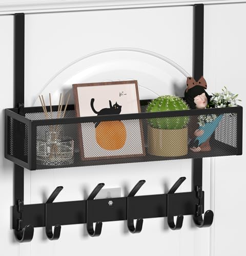 Over The Door Hooks Organizer, Over The Door Towel Rack with Mesh Basket, 10 Coat Hooks and 2 Wreath Hangers, Bathroom Door Organizer Back of Door Hanger Organizer for Bedroom, Kitchen(Black)