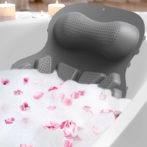 Bath Pillow Luxury Bathtub Pillow, Bath Pillows for Tub Head Neck and Back Support, Non-Slip Soft Silicon Bath Tub Pillow with Strong Suction Cup, Bath Accessories Spa Gifts, Gray