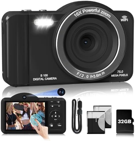 4K Upgrade Touchscreen Digital Camera, 75MP Dual Front & Rear Cameras Sefie, Autofocus, Wi-Fi Sharing, Compact Travel Vlogging Camera for Teens Beginner Kids with 32GB SD Card, 2 Batteries, Lanyard