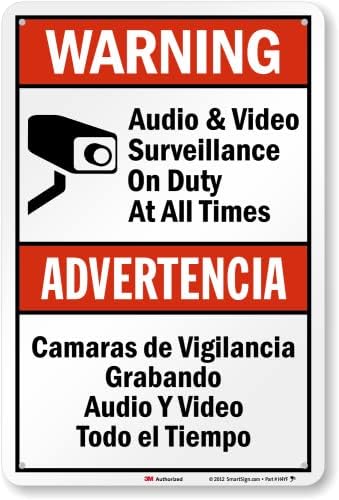 SmartSign 18 x 12 inch “Warning - Audio & Video Surveillance On Duty At All Times” Bilingual Sign, 63 mil Aluminum, 3M Laminated Engineer Grade Reflective Material, Red, Black and White, USA-Made