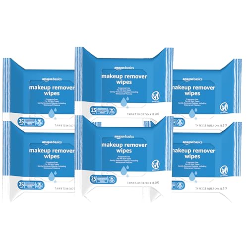 Amazon Basics Make Up Remover Wipes, Fragrance Free, 25 Count, Pack of 6 (Previously Solimo)