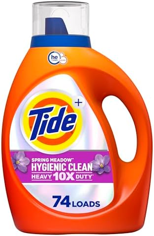 Tide Hygienic Clean Heavy 10x Duty Liquid Laundry Detergent, HE Compatible, Spring Meadow Scent, 74 Loads, 105 fl oz