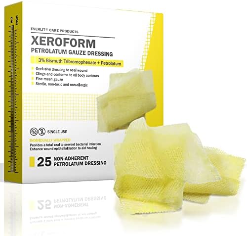 EVERLIT Xeroform Petrolatum Dressing | Sterile, Non-Adherent Occlusive Fine Mesh Gauze Pad | Non-Toxic, Gentle Patch for Burns, Laceration, Surgical Incisions & Skin Grafts (4" x 4" | Pack of 25)