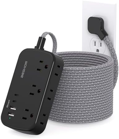 Extension Cord 25 Ft, Flat Plug Power Strip with 6 Outlets with 4 USB Ports(2 USB C), No Surge Protector for Home Office College Dorm Room Travel Essentials, Black
