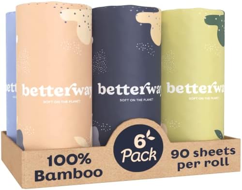 Betterway Bamboo Paper Towels - 6 Rolls, 2 Ply - Plastic Free, Disposable Kitchen Paper Towels - Select Size, Tree Free, Compostable, Strong & Absorbent, No Dyes